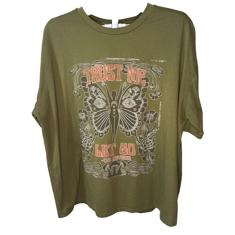 Romwe Olive Green Trust Me Let Go Butterfly Graphic Tee XL Oversized Distressed
